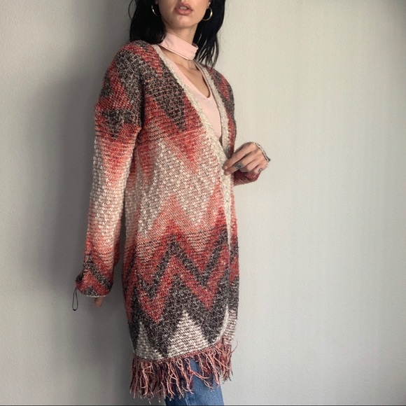 Lucky Brand Sweaters - Lucky Brand Red Fringe Long Cardigan, S